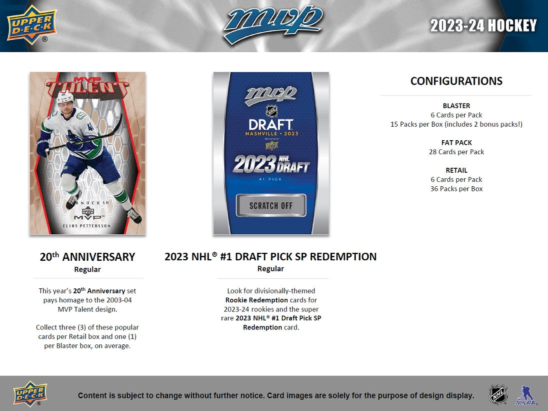 Upper Deck NHL MVP Retail Foil 2023/2024 (Display Box mit 36 Packs) Content