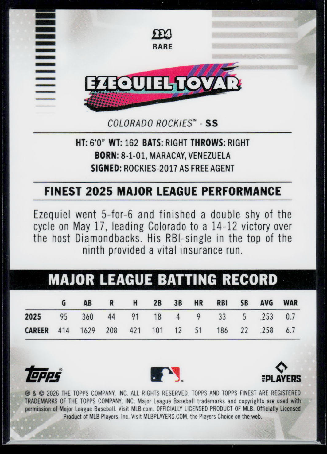 Ezequiel Tovar Topps Finest 2026 Yellow Refractor 198/275 (EN)