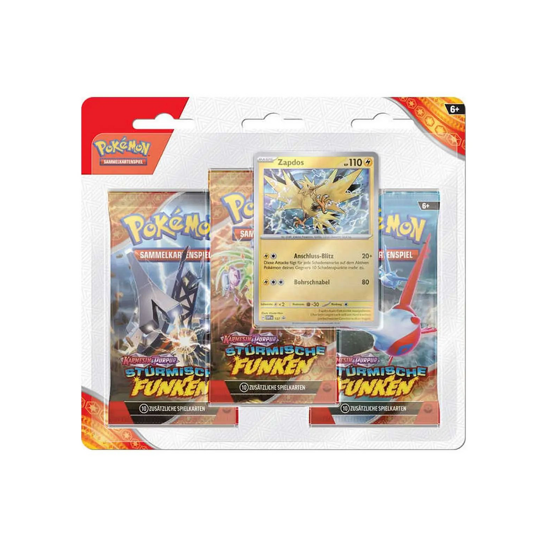 Pokémon Karmesin & Purpur KP08 Stürmische Funken 3-Pack Blister Zapdos/Morlord (DE)