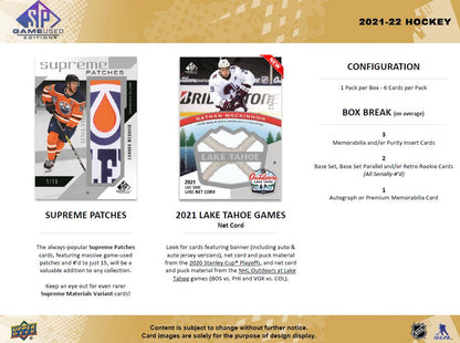 Upper Deck SP Game Used NHL Hockey Hobby Box 2021/2022 lake Tahoe Games