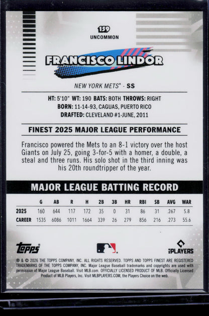 Francisco Lindor Topps Finest 2026 Gold X-Fractor 37/50 (EN)