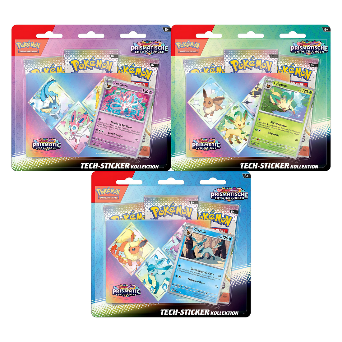 Pokémon Karmesin &amp; Purpur 08.5 Prismatische Entwicklungen Tech-Sticker-Kollektion 3-Pack Blister (DE)