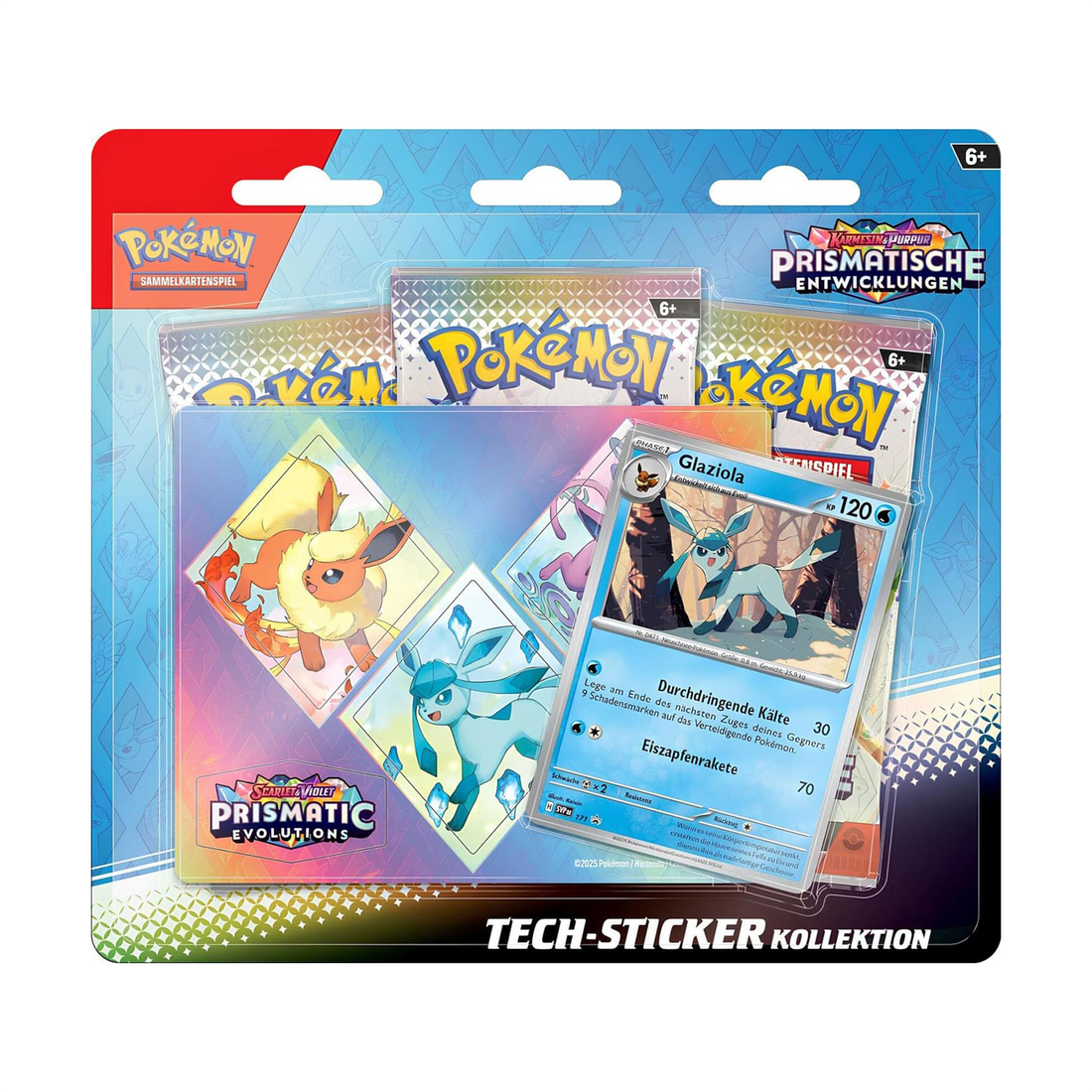 Pokémon Karmesin &amp; Purpur 08.5 Prismatische Entwicklungen Tech-Sticker-Kollektion 3-Pack Blister (DE)