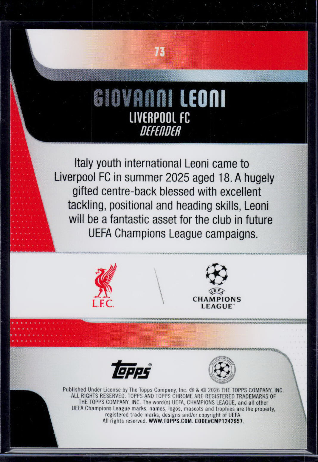 Giovanni Leoni Topps Chrome UCC 2025/2026 Gold Lava [RC] 49/50 (EN) (nach §25 UStG differenzbesteuert)