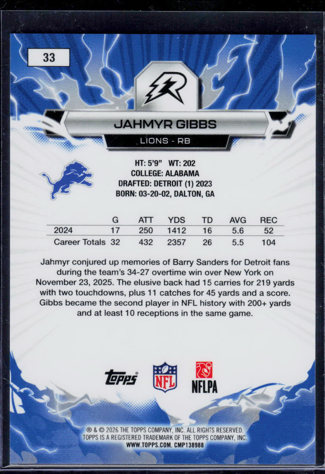Jahmyr Gibbs Topps Resurgence 2025 Blue Surge 13/99 (EN)
